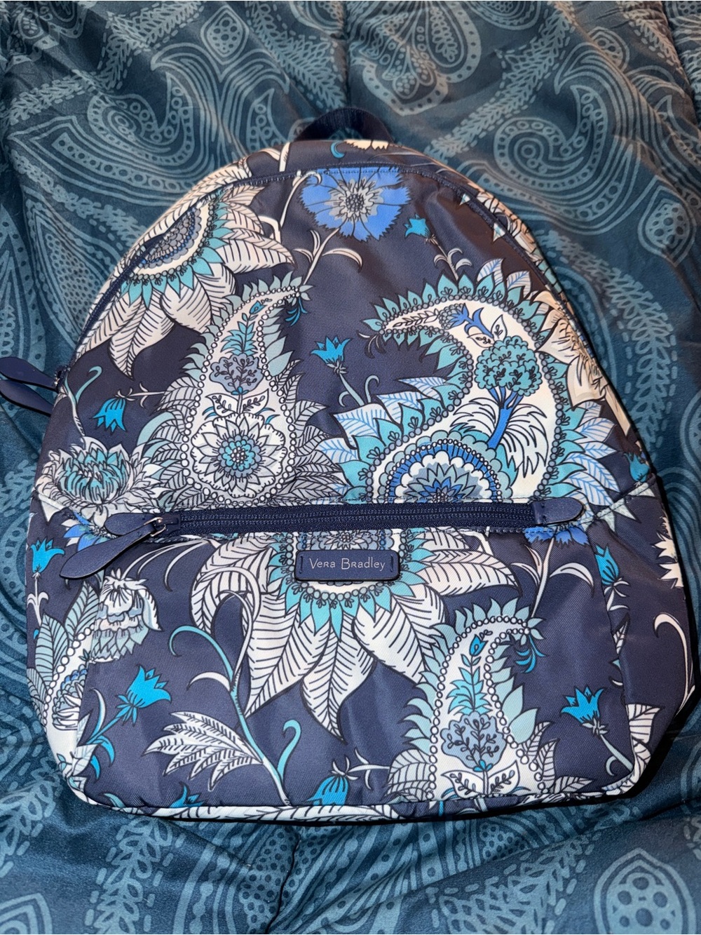 Vera Bradley Water Resistant Navy and Teal Paisley Backpack